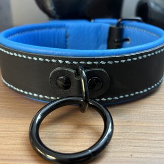 A handmade leather collar featuring a smooth black exterior, vibrant blue padded lining, and sturdy black O-ring hardware. Finished with clean contrast stitching.