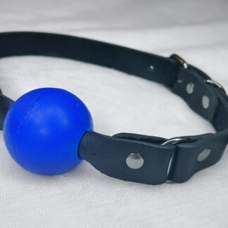 A blue silicone ball gag with black strap and gunmetal hardware