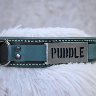 A black collar with a green outer strap, black middle, and green lining. A nameplate reading "PUDDLE" is threaded on the strap.